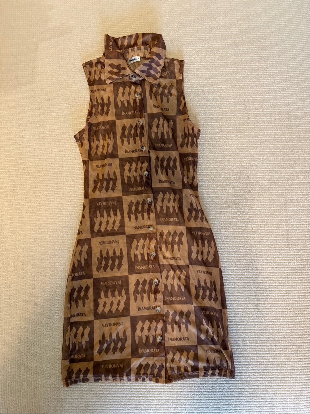 iNAMORATA Brown Printed Sleeveless Mock Neck Mini Dress